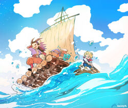 2boys antenna_hair artist_name belt blonde_hair blue_eyes blue_pants boat cloud cloudy_sky colored_skin commentary_request day dragon_quest dragon_quest_builders_2 flying_sweatdrops from_below gloves hammer hammerhood_(dragon_quest) happy holding holding_hammer itumu jewelry leaning_back log male_builder_(dqb2) male_focus multiple_boys necklace ocean one_eye_closed orange_pants orange_skin panicking pants purple_hair purple_vest red_eyes red_gloves sail sailing shirt sidoh_(dqb2) sky slime_(dragon_quest) spray sweatdrop tooth_necklace vest water watercraft waves white_shirt