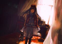 1girl ashashio backlighting black_hair black_pantyhose bloom bow collared_dress curtains doll dress frilled_dress frilled_sleeves frills green_ribbon grin hair_bow higanbana_(higanbana_no_saku_yoru_ni) higanbana_no_saku_yoru_ni highres holding holding_doll jacket long_hair overexposure painterly pantyhose red_bow red_eyes red_jacket ribbon smile sunlight white_dress white_sleeve_cuffs