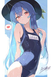 1girl black_hat blue_hair blue_one-piece_swimsuit breasts closed_mouth commentary_request covered_navel hat heart highres hinanawi_tenshi long_hair one-piece_swimsuit red_eyes school_swimsuit small_breasts solo speech_bubble spoken_heart swimsuit tetsurou_(fe+) touhou translation_request very_long_hair