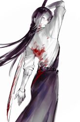 1girl arm_up back blood blood_on_back blood_on_clothes blood_on_face bloody_weapon bracelet character_request closed_mouth collared_shirt copyright_request expressionless forehead from_behind greyscale highres holding holding_sword holding_weapon ice_(iceklimm) jewelry katana long_hair looking_at_viewer monochrome red_pupils shirt simple_background skirt spot_color sword unsheathed very_long_hair weapon white_background white_shirt wind