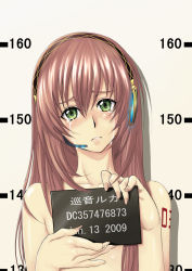 00s 1girl 2009 alternate_breast_size blush female_focus fingernails flat_chest green_eyes head_tilt headset height_chart holding holding_sign long_hair megurine_luka mugshot pink_hair realmbw sign sign_holding solo tattoo tears topless_female vocaloid