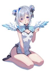 Rule 34 | 1girl, :o, alternate costume, alternate hairstyle, amane kanata, angel wings, between legs, black shoes, blue dress, blue hair, blue wings, breasts, china dress, chinese clothes, cleavage, cleavage cutout, clothing cutout, colored inner hair, double bun, dress, feathered wings, flower knot, full body, gradient wings, grey hair, hair bun, hair ornament, hair over one eye, hand between legs, hand up, hashtag-only commentary, highres, hololive, looking at viewer, mini wings, multicolored hair, multicolored wings, nametakeko, open mouth, pink hair, purple eyes, shoes, short dress, short hair, simple background, single hair intake, sitting, sleeveless, sleeveless dress, small breasts, solo, streaked hair, tassel, tassel hair ornament, virtual youtuber, white background, white dress, white wings, wings