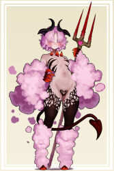 1girl absurdres black_horns blush breasts claws colored_smoke demon_girl demon_horns demon_tail ekrea_jan eyes_visible_through_hair full_body hair_over_eyes highres holding holding_polearm holding_weapon hooves horns long_bangs looking_at_viewer navel original pink_eyes polearm short_hair small_breasts smile smoke solo succubus-chan_(ekrea_jan) tail trident weapon
