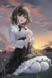 1girl :d absurdres black_hair blush bow bowtie breasts brown_eyes center_frills collared_shirt dress frilled_skirt frills highres large_breasts lillly long_hair long_sleeves looking_at_viewer medium_breasts medium_hair on_grass open_mouth original outdoors pantyhose shirt sitting skirt smile solo wariza