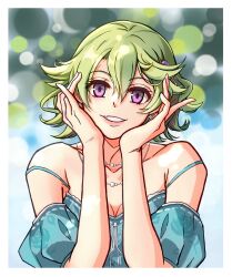 1girl bare_shoulders blurry blurry_background border breasts cleavage commentary eiyuu_densetsu english_commentary eyelashes green_hair hair_between_eyes hands_on_own_face highres looking_at_viewer musse_egret purple_eyes riwancece_428 sen_no_kiseki sen_no_kiseki_(series) sen_no_kiseki_i sen_no_kiseki_iii small_breasts smile solo teeth upper_body white_border