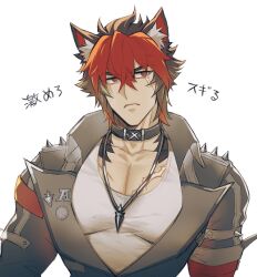 1boy animal_ear_fluff animal_ears black_collar black_hair black_jacket boke_aho_nara closed_mouth collar collarbone commentary_request frown hair_between_eyes highres jacket jewelry komano_manato lapels large_pectorals leather leather_jacket long_sleeves looking_at_viewer male_focus multicolored_hair necklace pectorals red_eyes red_hair scar scar_across_eye scar_on_chest scar_on_face serious shirt short_hair simple_background solo spikes translation_request two-tone_hair upper_body v-shaped_eyebrows white_background white_shirt wolf_ears zenless_zone_zero