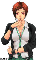 Rule 34 | 1girl, alternate costume, bad id, bad pixiv id, bracelet, breasts, cardigan, cleavage, collarbone, dead or alive, female focus, food, jewelry, large breasts, lips, looking at viewer, loose necktie, mila (doa), necktie, noriheita, open cardigan, open clothes, plaid clothes, plaid necktie, plaid neckwear, plaid skirt, pleated skirt, pocky, red eyes, red hair, school uniform, short hair, simple background, skirt, solo, spanish (nationality), very short hair, white background, wristband
