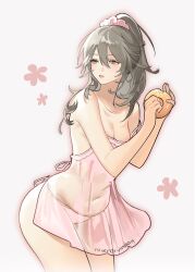 1girl artist_name babydoll bare_shoulders breasts cleavage commentary covered_navel cowboy_shot donut english_commentary floral_background food grey_hair high_ponytail highres holding holding_donut holding_food honkai:_star_rail honkai_(series) long_hair medium_breasts navel nevercrymoon panties pink_babydoll ponytail see-through_babydoll see-through_clothes side-tie_panties solo stelle_(honkai:_star_rail) thighs trailblazer_(honkai:_star_rail) underwear yellow_eyes