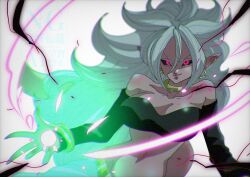 1girl android_21 aura bare_shoulders black_sclera black_sleeves black_tube_top breasts cleavage colored_sclera colored_skin cowboy_shot detached_sleeves dragon_ball dragon_ball_fighterz earrings glowing glowing_eyes highres hoop_earrings jewelry large_breasts long_hair majin_android_21 pink_eyes pink_skin pointy_ears simple_background solo stktik09060906 strapless tube_top white_background white_hair