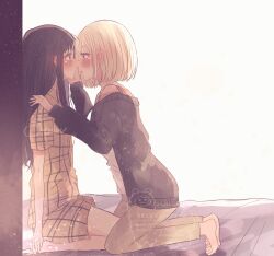 2girls arupaka5tuki barefoot black_cardigan black_hair blonde_hair blush brown_pants brown_shirt brown_shorts cardigan closed_mouth commentary_request eye_contact hand_on_another&#039;s_face hand_on_another&#039;s_shoulder highres inoue_takina long_hair looking_at_another lycoris_recoil multiple_girls nishikigi_chisato pajamas pants parted_lips plaid_clothes plaid_shirt purple_eyes red_eyes shirt short_sleeves shorts watermark yuri