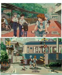 2boys 2girls absurdres ayanami_rei backpack bag bicycle blue_hair brown_footwear day hair_ornament headgear highres horaki_hikari house ikari_shinji interface_headset_(evangelion) multiple_boys multiple_girls nagisa_kaworu neon_genesis_evangelion orange_hair outdoors saplemu school_uniform slice_of_life souryuu_asuka_langley tokyo-3_middle_school_uniform train