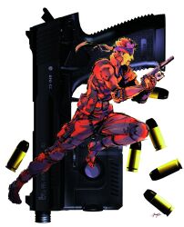1boy 3d_background absurdres bandana belt brown_hair bullet elbow_pads from_side gloves gun h&amp;k_mark_23 handgun headband highres holding holding_gun holding_weapon holster metal_gear_(series) metal_gear_solid mixed_media official_art promotional_art running shinkawa_youji short_hair signature sneaking_suit solid_snake thigh_holster two-handed utility_belt weapon