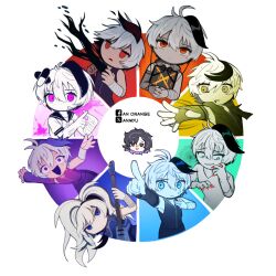 Rule 34 | 6+girls, :d, abnormality dancin&#039; girl (vocaloid), alternate eye color, anmyu, antenna hair, arandano (vocaloid), bandaged arm, bandages, bare shoulders, black gloves, black hair, black mouth, blue eyes, border, chibi, chibi only, closed mouth, color wheel challenge, commentary, cropped torso, deformed, double-parted bangs, egoist (vocaloid), empty eyes, english commentary, facebook logo, fingerless gloves, fingernails, flower (vocaloid), flower (vocaloid3), flower (vocaloid4), frown, gloves, green eyes, grin, guitar, hair between eyes, hana ni natta (vocaloid), hand on own chest, high ponytail, highres, holding, holding guitar, holding instrument, iei, index finger raised, instrument, kyoen react (vocaloid), long hair, looking at viewer, multicolored hair, multiple drawing challenge, multiple girls, multiple persona, nail polish, neurose (vocaloid), no pupils, open mouth, orange eyes, outside border, outstretched arm, parted lips, pill hair ornament, pink eyes, ponytail, purple eyes, purple shirt, red eyes, red nails, sailor collar, school uniform, sharp fingernails, shirt, short hair, short sleeves, sleeveless, sleeveless shirt, smile, streaked hair, three-quarter sleeves, twitter x logo, two-tone hair, v-neck, venom (vocaloid), vita (vocaloid), vocaloid, white border, white hair, white shirt, wide-eyed, x fingers, yellow eyes
