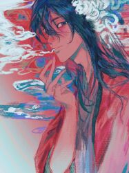 Rule 34 | 1boy, black eyes, black hair, black hanfu, brain, chinese clothes, chinese commentary, coat, dao gui yi xian, faux traditional media, hair between eyes, hand up, hanfu, highres, li huowang, limited palette, long hair, long sleeves, looking at viewer, maladajiangchaokaisailu, male focus, painterly, parted lips, red coat, red theme, smoke, smoking, solo, upper body