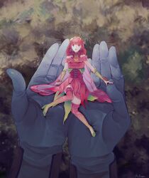 1girl absurdres bug butterfly cape celica_(fire_emblem) celica_(resplendent)_(fire_emblem) cones_(c0_nes) dress earrings fairy fairy_wings fire_emblem fire_emblem_echoes:_shadows_of_valentia fire_emblem_heroes flower green_shoes head_wreath high_heels highres insect jewelry long_hair mini_person minigirl nintendo princess red_dress red_eyes red_hair shoes thighhighs tiara wings