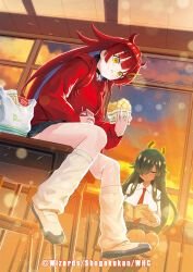 2girls bag black_choker black_hair black_ribbon black_skirt black_socks book bow bread breasts brown_hair choker classroom closed_eyes closed_mouth copyright_notice dark-skinned_female dark_skin desk dragon_musume_ni_naritakunai! duel_masters eating eyewear_on_head food food_on_face from_below full_body hair_ornament hair_ribbon hairpin highres holding holding_book holding_food holding_milk_carton hood hoodie indoors large_breasts long_hair looking_at_viewer looking_down loose_socks maguma_mega melon_bread milk_carton multiple_girls necktie neko61 official_art on_chair on_desk paper plaid_clothes plaid_skirt plastic_bag reading red_hair red_hoodie red_necktie ribbon sava_k_zeos school_desk shirt shoes sidelocks sitting skirt smile socks sunset teeth uwabaki very_long_hair white_shirt window yellow_eyes