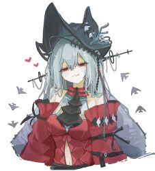 Rule 34 | 1girl, absurdres, arknights, ascot, black ascot, black hat, breasts, clothing cutout, detached sleeves, dress, grey hair, grin, half-closed eyes, hat, heart, highres, long hair, looking at viewer, medium breasts, navel, navel cutout, official alternate costume, red dress, red eyes, simple background, skadi (arknights), skadi the corrupting heart (arknights), smile, solo, taiiiyakiii, upper body, white background