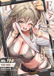Rule 34 | 1girl, absurdres, assault rifle, breasts, brown eyes, brown hair, cover, daewoo k2, english text, girls&#039; frontline, girls&#039; frontline 2: exilium, gun, hair between eyes, highres, k2 (girls&#039; frontline), large breasts, magazine cover, navel, one eye closed, patanda, rifle, solo, sports bra, thighs, viewfinder, weapon, yoohee (girls&#039; frontline 2)