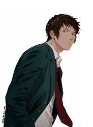 Rule 34 | 1boy, blazer, brown hair, buttons, closed mouth, collared shirt, from side, green jacket, highres, jacket, kaikaikai 1211, kita high school uniform, kyon, long sleeves, male focus, necktie, open clothes, open jacket, red necktie, school uniform, shirt, short hair, simple background, solo, suzumiya haruhi no yuuutsu, upper body, white background, white shirt, winter uniform