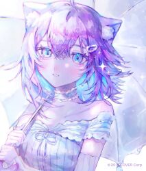 Rule 34 | 1girl, ahoge, animal ear fluff, animal ears, bare shoulders, blue hair, cat ears, cat girl, choker, colored inner hair, commentary request, copyright notice, crossed bangs, detached sleeves, double-parted bangs, frilled choker, frills, hair between eyes, holding, holding umbrella, hololive, looking at viewer, multicolored hair, nekomata okayu, nekome toworu, off-shoulder shirt, off shoulder, official art, parted lips, purple eyes, purple hair, ribbed shirt, ribbed sleeves, shirt, short hair, solo, umbrella, virtual youtuber, white choker, white shirt, white sleeves