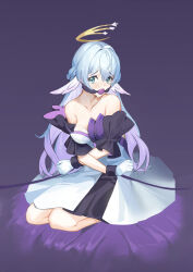 1girl absurdres ball_gag bare_shoulders bdsm blue_hair bondage bound bound_arms bound_wrists breasts cuffed detached_sleeves dress drooling gag gagged gloves hair_between_eyes halo head_wings highres honkai:_star_rail honkai_(series) kneeling long_hair medium_breasts npcc restrained robin_(honkai:_star_rail) sitting solo strapless strapless_dress tearing_up very_long_hair white_dress white_gloves wings yokozuwari