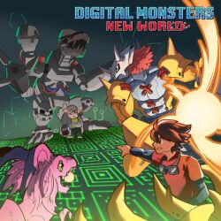 3boys 765_nanami armor brown_hair claw_(weapon) colored_skin copyright_name digimon digimon_(creature) dragon gauntlets goggles goggles_around_neck green_eyes highres holydramon horns lab_coat mugendramon multiple_boys non-humanoid_robot orange_skin pink_fur pointing red_shirt robot robot_dragon second-party_source shirt short_hair wargreymon weapon yellow_armor