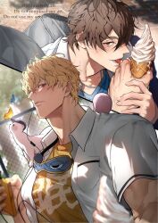 2boys alternate_costume animal animal_on_shoulder bag black_pants blonde_hair blue_butterfly blue_shirt blue_undershirt blurry blush brown_eyes brown_hair bug butterfly chain chain-link_fence chain_necklace closed_mouth collared_shirt day depth_of_field earphones eating eiden_(nu_carnival) ermine fence food hair_between_eyes hand_grab headphones highres holding holding_food holding_ice_cream_cone holding_phone ice_cream ice_cream_cone insect jewelry licking licking_finger looking_at_another looking_at_viewer male_focus mask mask_around_neck melting miyamoyan multiple_boys multiple_views muscular muscular_male necklace nu_carnival open_clothes open_mouth outdoors pants pectorals phone quincy_(nu_carnival) red_eyes sexually_suggestive shirt short_hair short_sleeves shoulder_bag sitting smile soft_serve suggestive_fluid tongue tongue_out topper_(nu_carnival) twitter_username undershirt upper_body watermark weasel white_shirt yaoi yellow_butterfly yellow_shirt yellow_undershirt