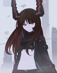 Rule 34 | 1girl, 32zzz, alternate costume, artist logo, artist name, black gold saw, black hair, black jacket, black rock shooter, black rock shooter: dawn fall, highres, horns, jacket, logo, midriff, navel, open clothes, open jacket, red eyes, ringed eyes, solo