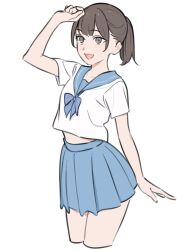 Rule 34 | 1girl, arm up, blue neckerchief, blue sailor collar, blue skirt, bow, breasts, brown eyes, brown hair, collarbone, hair between eyes, highres, kashiwa (iersansi), long hair, looking at viewer, neckerchief, open mouth, original, pleated skirt, ponytail, sailor collar, shirt, short sleeves, simple background, skirt, smile, solo, white background, white shirt