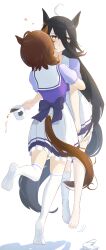 2girls absurdly_long_hair absurdres agnes_tachyon_(umamusume) ahoge animal_ears annoyed barefoot black_hair bow bowtie brown_hair coffee coffee_mug cup earrings hair_between_eyes heart highres holding holding_cup horse_ears horse_girl horse_tail hug jewelry l_kirschblute lifting_person long_bangs long_hair long_hair_between_eyes manhattan_cafe_(umamusume) mug multiple_girls no_shoes pleated_skirt puffy_short_sleeves puffy_sleeves purple_bow purple_bowtie purple_serafuku purple_shirt school_uniform serafuku shirt short_sleeves single_earring skirt spilling standing standing_on_one_leg tail thighhighs toes tracen_school_uniform umamusume unworn_thighhighs very_long_hair white_hair white_skirt white_thighhighs yellow_eyes yuri