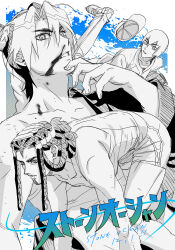 3girls baseball_cap baseball_glove baseball_uniform blood blue_background braid braided_ponytail bun_with_braided_base chest_sarashi commentary copyright_name double_bun dreadlocks ermes_costello foo_fighters_(jojo) forehead_tattoo greyscale_with_colored_background hair_bun hat jeonjin_(mynamebazin) jojo_no_kimyou_na_bouken kuujou_jolyne multicolored_hair multiple_girls nosebleed sarashi serious short_hair short_shorts shorts sportswear stone_ocean tank_top throwing two-tone_hair