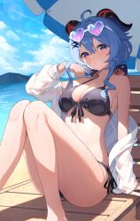 1girl ahoge akae_neo bare_shoulders beach bikini blue_hair blush breasts cleavage commentary_request day ganyu_(genshin_impact) genshin_impact goat_horns hand_up heart heart-shaped_eyewear highres horns large_breasts long_hair long_sleeves looking_at_viewer medium_breasts navel outdoors purple_eyes revision solo swimsuit thighs tinted_eyewear water