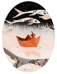 1girl boat brown_hair cloak dunce_cap english_text fish flying_fish grass hat highres mini_person minigirl night night_sky original oval_image owlyjules paper_boat sky solo sparkle star_(sky) twitter_username water watercraft