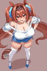 1girl 9is adapted_costume animal_ears blue_gemstone blue_shoes blue_skirt blush breasts brown_background brown_hair cleavage commentary daiwa_scarlet_(umamusume) double-parted_bangs fang frilled_shirt frilled_sleeves frills full_body gem hair_intakes hands_on_own_hips highres horse_ears horse_girl horse_tail large_breasts long_hair looking_at_viewer miniskirt off-shoulder_shirt off_shoulder open_mouth red_eyes scowl shirt shoes short_sleeves signature simple_background skirt solo standing sweatdrop tail thighhighs tiara twintails umamusume v-shaped_eyebrows white_shirt white_thighhighs wristband