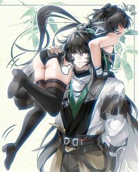 1boy 1girl ass bare_shoulders black_boots black_bow black_gloves black_pants black_thighhighs blush boots bow carrying_over_shoulder chinese_clothes closed_eyes closed_mouth commentary female_rover_(wuthering_waves) gloves hair_bow highres long_hair low_ponytail open_mouth pants ponytail qiuyuan_(wuthering_waves) rourou_(been) rover_(wuthering_waves) thigh_boots thighhighs thighs very_long_hair wuthering_waves