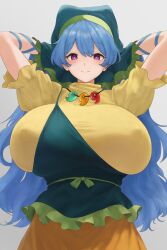 1girl absurdres apron arms_behind_head blue_hair blush breasts covered_erect_nipples double-parted_bangs dress frilled_apron frills gigantic_breasts green_apron green_headscarf hands_in_own_hair haniyasushin_keiki headscarf highres huge_breasts jewelry long_hair magatama moriforest1040 puffy_short_sleeves puffy_sleeves purple_eyes short_sleeves single_strap smile solo touhou white_background yellow_dress