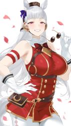 1girl absurdres animal_ears armband bare_shoulders black_eyes blunt_bangs bow bowtie breasts brown_bag byeon_dha commentary dress ear_bow ear_ornament elbow_gloves gloves gold_ship_(umamusume) grin hand_on_own_hip highres holding holding_removed_eyewear horse_ears horse_girl horse_tail large_breasts long_hair looking_at_viewer pantyhose pillbox_hat raised_eyebrow red_armband red_bow red_bowtie red_dress simple_background smile solo tail umamusume unworn_eyewear white_background white_gloves white_hair white_pantyhose white_tail