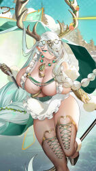 1girl absurdres antlers apron artist_request black_shoes breasts character_request cleavage closed_mouth collarbone echocalypse flower fur-trimmed_sleeves fur_trim gloves gold_trim green_eyes hair_over_one_eye heart highres holding horns huge_breasts jewelry long_braid mole mole_on_breast necklace official_art pink_flower pointy_ears shoes smile solo tassel thigh_gap thighhighs waist_apron white_apron white_hair yellow_flower