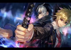 2boys ahoge back-to-back black_hair blonde_hair coat dagger hair_between_eyes highres holding holding_dagger holding_knife holding_sword holding_weapon kido_hyde knife letterboxed male_focus multicolored_hair multiple_boys necktie qitoli red_eyes rivalry school_uniform seth_(under_night_in-birth) short_hair smile sword two-tone_hair under_night_in-birth weapon white_hair