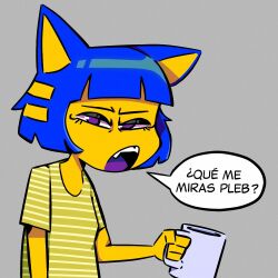 1girl animal_crossing animal_ears ankha_(animal_crossing) annoyed black_eyeshadow bloodshot_eyes blunt_bangs blunt_ends bob_cut cappuccinoartist47 cat_ears cat_girl coffee_mug colored_sclera colored_skin colored_tongue commentary_request cup eyeshadow fang furry furry_female grey_background hair_ornament hairclip half-closed_eyes holding holding_cup looking_at_viewer makeup mug nintendo pajamas pink_sclera purple_eyes purple_tongue short_hair short_sleeves sleepy spanish_commentary striped_clothes striped_pajamas translated yellow_fur yellow_skin
