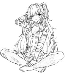1girl absurdres android arm_up black_bow black_jacket black_skirt blush bow breasts brown_hair ch_(charchive15) character_name feet full_body girls&#039;_frontline girls&#039;_frontline_2:_exilium gloves hair_bow highres indian_style jacket leva_(girls&#039;_frontline_2) long_hair looking_at_viewer mechanical_arms navel necktie one_side_up open_clothes open_shirt red_gloves scar scar_across_eye scar_on_face shirt single_mechanical_arm sitting sketch skirt sleeves_rolled_up slit_pupils small_breasts smile solo thighhighs toenails torn_clothes torn_thighhighs twitter_username ump45_(girls&#039;_frontline) white_shirt yellow_eyes yellow_necktie