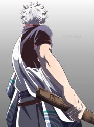 1boy asymmetrical_clothes black_shirt commentary_request copyright_name cowboy_shot from_behind gintama gradient_background hadanugi_dousa holding holding_sword holding_weapon male_focus open_kimono red_trim sakata_gintoki shirt short_hair short_sleeves siro_nui81 solo standing sword wave_print weapon white_hair wooden_sword