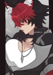 1boy animal_ears bara black_choker black_jacket blush choker dog_boy ear_piercing highres jacket jewelry komano_manato large_pectorals male_focus multicolored_hair muscular muscular_male necklace pectorals piercing red_eyes scar scar_on_face shirt short_hair sweatdrop white_shirt zenless_zone_zero