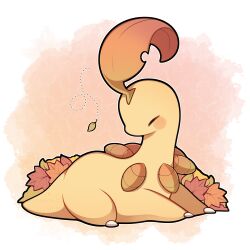 Rule 34 | absurdres, alternate color, autumn leaves, bayleef, blush, blush stickers, closed eyes, commentary, english commentary, full body, gen 2 pokemon, highres, leaf, lying, nintendo, no humans, pokemon, pokemon (creature), sevi (seviyummy)