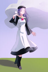 1boy 1girl absurdres beret black_dress black_hat black_shoes blue_eyes blue_hair cloud dress full_body grass hat highres jewelry kumoi_ichirin layered_dress long_hair long_sleeves looking_at_viewer outdoors pendant shoes standing thursyue touhou unzan white_dress wide_sleeves