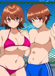 Rule 34 | 1boy, 1girl, abs, bikini, blue male swimwear, blue shorts, blue sky, breasts, brother and sister, brown eyes, brown hair, chain-link fence, cleavage, cloud, cowboy shot, fence, flipped hair, groin, highres, kinako mochi (pixiv100419090), large breasts, male swimwear, navel, original, pink bikini, shorts, siblings, sky, swim trunks, swimsuit, twins