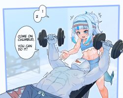 1boy 1girl abs alternate_hairstyle armpits blue_eyes blue_hair body_blush border breasts cleavage drawstring dumbbell ebi-chan_(gawr_gura) english_text exercising feet_out_of_frame fins fish_tail gawr_gura gills grey_hair gym gym_shorts headband holding holding_dumbbell hololive hololive_english indoors linea_alba looking_at_another lying mask matching_hair/eyes messy_hair midriff moral_cacoethes motion_lines multicolored_hair muscular muscular_male navel nipples obliques on_back open_mouth pectorals ponytail shark_girl shark_tail sharp_teeth shorts shrimp small_breasts smile speech_bubble sports_bra standing streaked_hair sweat tail teeth toned toned_female toned_stomach topless_male trembling upper_teeth_only virtual_youtuber weight_bench weightlifting weights