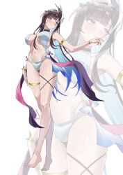 Rule 34 | 1girl, alternate costume, bare legs, barefoot, bikini, breast curtains, breasts, brown hair, commentary request, feet, hair ornament, higashiwun izumi, highres, honkai: star rail, honkai (series), hysilens (honkai: star rail), large breasts, legs, long hair, navel, purple eyes, solo, stomach, swimsuit, thigh strap, toes, white background, white bikini, zoom layer