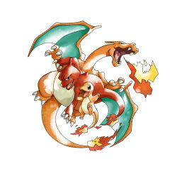 animal_focus blue_eyes breath_weapon breathing_fire charizard charmander charmeleon claws evolutionary_line fang fangs fire flame-tipped_tail full_body gen_1_pokemon highres nintendo no_humans open_mouth phil_dragash pokemon pokemon_(creature) simple_background solo sugimori_ken_(style) tail white_background