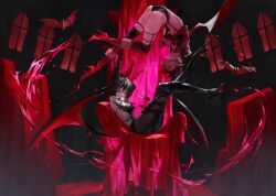 Rule 34 | 2girls, absurdres, armpits, arms up, bat (animal), bat wings, black choker, black footwear, black hair, black panties, black pantyhose, black thighhighs, blood, boots, choker, crossed legs, doksa, floating liquid, head wings, high heel boots, high heels, highres, interlocked fingers, multiple girls, original, over-kneehighs, own hands clasped, own hands together, panties, pantyhose, pointy ears, red eyes, red footwear, short hair, skindentation, thigh strap, thighhighs, underwear, vampire, window, wings